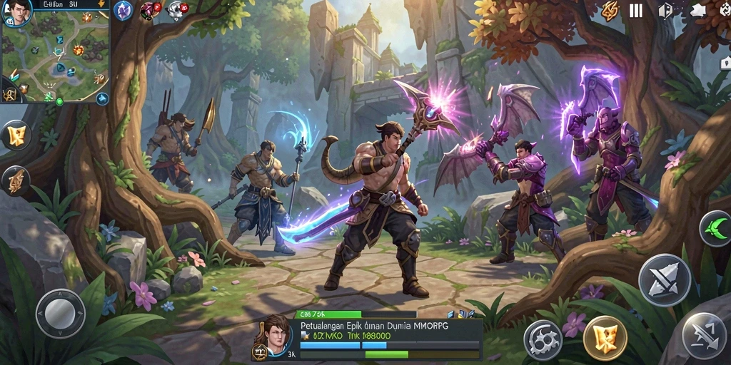 Screenshot gameplay <strong>73K</strong> menampilkan pertarungan epik di dunia fantasi.