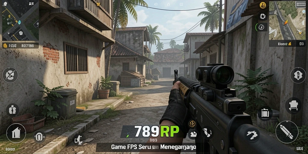 Screenshot menunjukkan aksi intens di dalam game FPS 789RP.