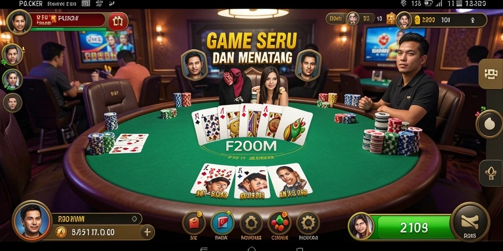 Screenshot menampilkan gameplay seru F200M dengan suasana Poker yang menegangkan.