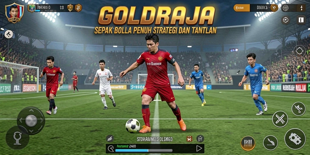 Tampilan gameplay <strong>GOLDRAJA</strong> dengan aksi seru sepak bola.