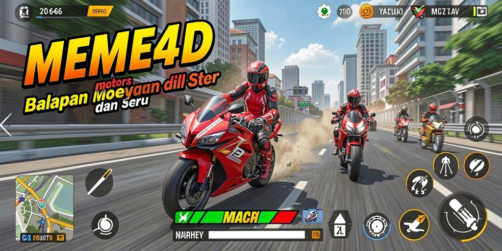 Tampilan gameplay seru dalam MEME4D dengan balapan motor yang mendebarkan.